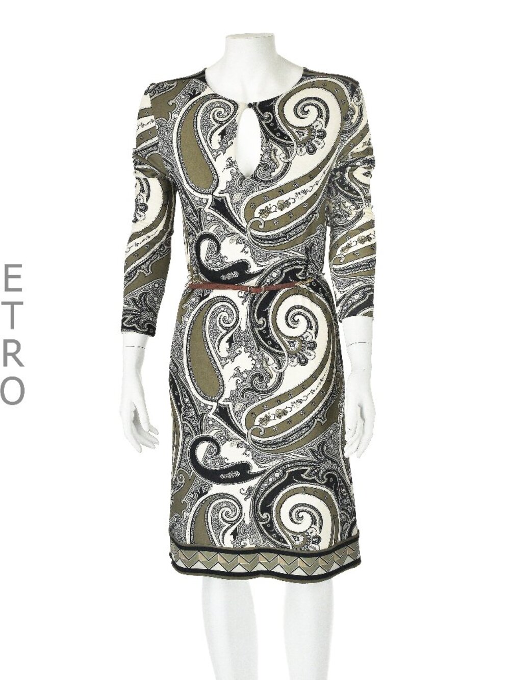 ETRO Taupe, Black & Ivory Paisley Knit Belted Dress w Keyhole Neck SZ IT42 US6-8